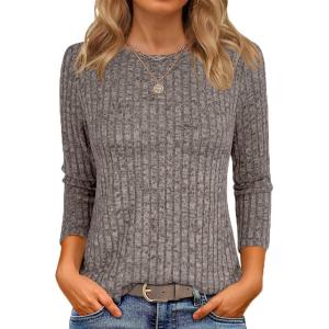 ANRABESS Women 3/4 Sleeve Length Shirts 2025 Fall Lightweight Sweaters Loose Fit Ribbed Knit Casual Soft Layering Tops(Cool Ash Brown)