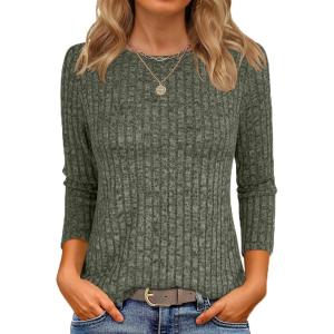 ANRABESS Women 3/4 Sleeve Length Shirts 2025 Fall Lightweight Sweaters Loose Fit Ribbed Knit Casual Soft Layering Tops(Deep Green)
