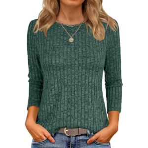 ANRABESS Women 3/4 Sleeve Length Shirts 2025 Fall Lightweight Sweaters Loose Fit Ribbed Knit Casual Soft Layering Tops(Green)