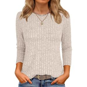 ANRABESS Women 3/4 Sleeve Length Shirts 2025 Fall Lightweight Sweaters Loose Fit Ribbed Knit Casual Soft Layering Tops(Light Khaki)