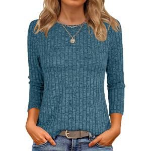 ANRABESS Women 3/4 Sleeve Length Shirts 2025 Fall Lightweight Sweaters Loose Fit Ribbed Knit Casual Soft Layering Tops(Teal)
