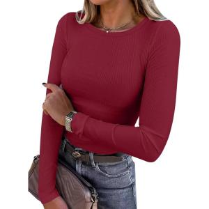 ANRABESS Women Long Sleeve Shirts Rib Knit Slim Fit Tops Basic Tee 2025 Fall Outfits Casual T-Shirt Underscrubs Layer Clothes(Wine Red)
