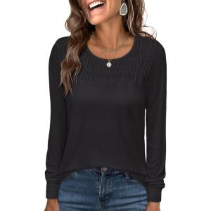 ANRABESS Women Shirts Long Sleeve Crewneck Smocked Tunic Tops with Leggings Dressy Casual T-Shirt Business Work Blouses(Black)