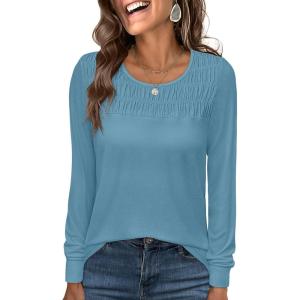 ANRABESS Women Shirts Long Sleeve Crewneck Smocked Tunic Tops with Leggings Dressy Casual T-Shirt Business Work Blouses(Blue Green)