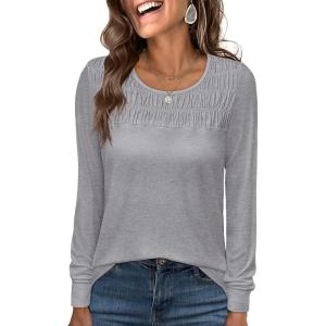 ANRABESS Women Shirts Long Sleeve Crewneck Smocked Tunic Tops with Leggings Dressy Casual T-Shirt Business Work Blouses(Grey)