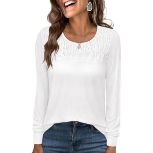 ANRABESS Women Shirts Long Sleeve Crewneck Smocked Tunic Tops with Leggings Dressy Casual T-Shirt Business Work Blouses(White)