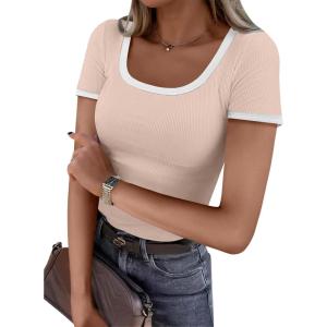 ANRABESS Women Short Sleeve Tops Square Neck Ribbed Knit Color Block T Shirts Fitted Casual Summer 2025 Trendy Basic Tees(Apricot)