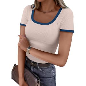 ANRABESS Women Short Sleeve Tops Square Neck Ribbed Knit Color Block T Shirts Fitted Casual Summer 2025 Trendy Basic Tees(Beige)