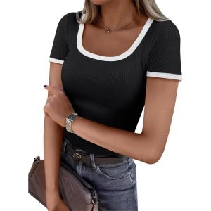 ANRABESS Women Short Sleeve Tops Square Neck Ribbed Knit Color Block T Shirts Fitted Casual Summer 2025 Trendy Basic Tees(Black)