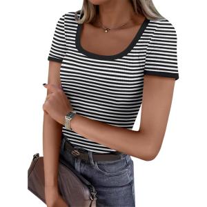 ANRABESS Women Short Sleeve Tops Square Neck Ribbed Knit Color Block T Shirts Fitted Casual Summer 2025 Trendy Basic Tees(Black White Stripe)