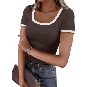 ANRABESS Women Short Sleeve Tops Square Neck Ribbed Knit Color Block T Shirts Fitted Casual Summer 2025 Trendy Basic Tees(Coffee)
