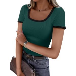 ANRABESS Women Short Sleeve Tops Square Neck Ribbed Knit Color Block T Shirts Fitted Casual Summer 2025 Trendy Basic Tees(Deep Green)