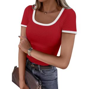 ANRABESS Women Short Sleeve Tops Square Neck Ribbed Knit Color Block T Shirts Fitted Casual Summer 2025 Trendy Basic Tees(Deep Red)