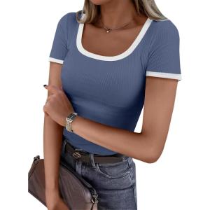 ANRABESS Women Short Sleeve Tops Square Neck Ribbed Knit Color Block T Shirts Fitted Casual Summer 2025 Trendy Basic Tees(Dusty Blue)