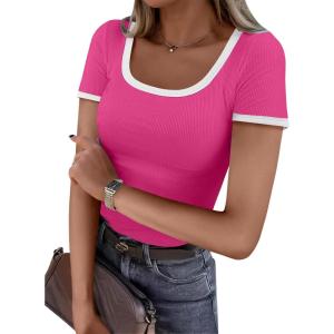 ANRABESS Women Short Sleeve Tops Square Neck Ribbed Knit Color Block T Shirts Fitted Casual Summer 2025 Trendy Basic Tees(Hot Pink)