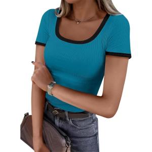 ANRABESS Women Short Sleeve Tops Square Neck Ribbed Knit Color Block T Shirts Fitted Casual Summer 2025 Trendy Basic Tees(Lake Blue)