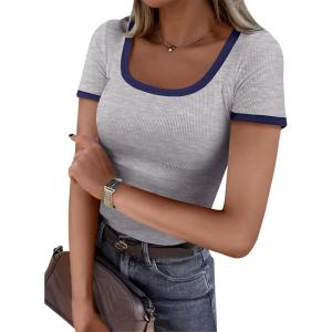 ANRABESS Women Short Sleeve Tops Square Neck Ribbed Knit Color Block T Shirts Fitted Casual Summer 2025 Trendy Basic Tees(Light Grey)