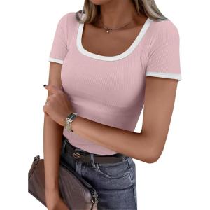 ANRABESS Women Short Sleeve Tops Square Neck Ribbed Knit Color Block T Shirts Fitted Casual Summer 2025 Trendy Basic Tees(Light Pink)