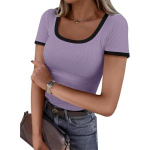 ANRABESS Women Short Sleeve Tops Square Neck Ribbed Knit Color Block T Shirts Fitted Casual Summer 2025 Trendy Basic Tees(Light Purple)