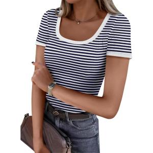 ANRABESS Women Short Sleeve Tops Square Neck Ribbed Knit Color Block T Shirts Fitted Casual Summer 2025 Trendy Basic Tees(Navy White Stripe)