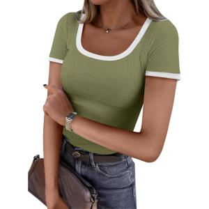 ANRABESS Women Short Sleeve Tops Square Neck Ribbed Knit Color Block T Shirts Fitted Casual Summer 2025 Trendy Basic Tees(Olive)