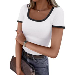 ANRABESS Women Short Sleeve Tops Square Neck Ribbed Knit Color Block T Shirts Fitted Casual Summer 2025 Trendy Basic Tees(White)