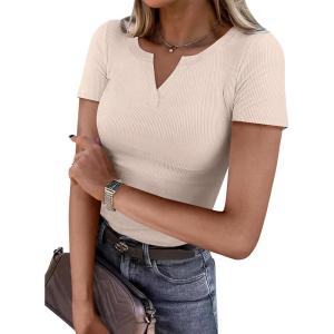 ANRABESS Women Short Sleeve Tops V Neck Rib Knit Slim Fit Shirts Basic Tee 2025 Summer Casual T-Shirt Outfits Clothes(Beige)