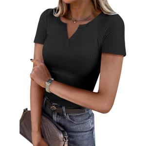 ANRABESS Women Short Sleeve Tops V Neck Rib Knit Slim Fit Shirts Basic Tee 2025 Summer Casual T-Shirt Outfits Clothes(Black)