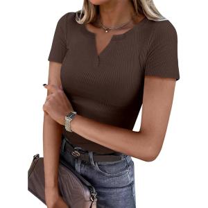 ANRABESS Women Short Sleeve Tops V Neck Rib Knit Slim Fit Shirts Basic Tee 2025 Summer Casual T-Shirt Outfits Clothes(Coffee)