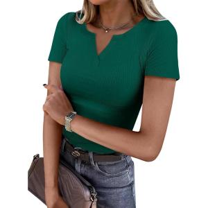 ANRABESS Women Short Sleeve Tops V Neck Rib Knit Slim Fit Shirts Basic Tee 2025 Summer Casual T-Shirt Outfits Clothes(Deep Green)
