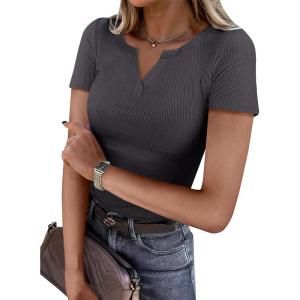 ANRABESS Women Short Sleeve Tops V Neck Rib Knit Slim Fit Shirts Basic Tee 2025 Summer Casual T-Shirt Outfits Clothes(Deep Grey)