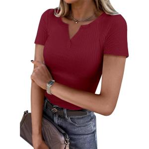 ANRABESS Women Short Sleeve Tops V Neck Rib Knit Slim Fit Shirts Basic Tee 2025 Summer Casual T-Shirt Outfits Clothes(Deep Red)
