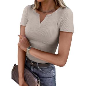 ANRABESS Women Short Sleeve Tops V Neck Rib Knit Slim Fit Shirts Basic Tee 2025 Summer Casual T-Shirt Outfits Clothes(Grey Khaki)
