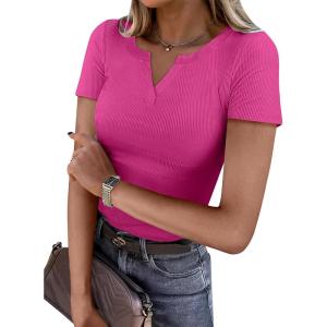 ANRABESS Women Short Sleeve Tops V Neck Rib Knit Slim Fit Shirts Basic Tee 2025 Summer Casual T-Shirt Outfits Clothes(Hot Pink)