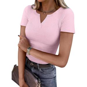 ANRABESS Women Short Sleeve Tops V Neck Rib Knit Slim Fit Shirts Basic Tee 2025 Summer Casual T-Shirt Outfits Clothes(Light Pink)