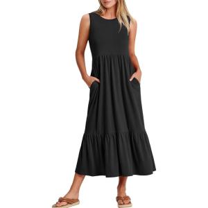 ANRABESS Women Summer Casual Sleeveless Crewneck Sundress Aline Flowy Tiered Maxi Long Beach Dress Vacation Outfits(Black)