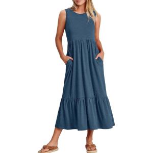 ANRABESS Women Summer Casual Sleeveless Crewneck Sundress Aline Flowy Tiered Maxi Long Beach Dress Vacation Outfits(Blue)