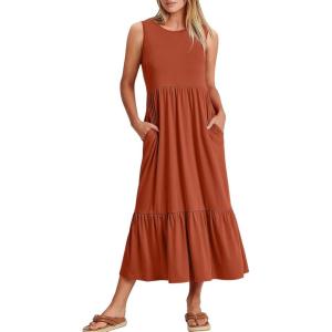 ANRABESS Women Summer Casual Sleeveless Crewneck Sundress Aline Flowy Tiered Maxi Long Beach Dress Vacation Outfits(Brick Red)
