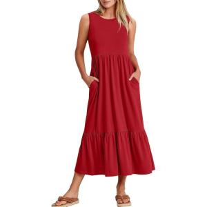 ANRABESS Women Summer Casual Sleeveless Crewneck Sundress Aline Flowy Tiered Maxi Long Beach Dress Vacation Outfits(Bright Red)