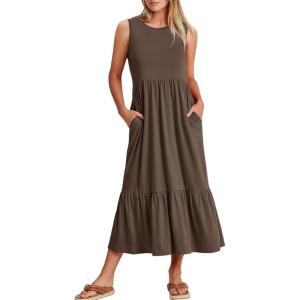 ANRABESS Women Summer Casual Sleeveless Crewneck Sundress Aline Flowy Tiered Maxi Long Beach Dress Vacation Outfits(Coffee)