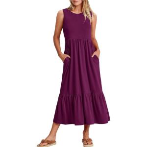 ANRABESS Women Summer Casual Sleeveless Crewneck Sundress Aline Flowy Tiered Maxi Long Beach Dress Vacation Outfits(Dark Purple)
