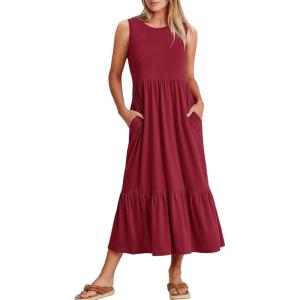 ANRABESS Women Summer Casual Sleeveless Crewneck Sundress Aline Flowy Tiered Maxi Long Beach Dress Vacation Outfits(Deep Red)