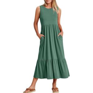 ANRABESS Women Summer Casual Sleeveless Crewneck Sundress Aline Flowy Tiered Maxi Long Beach Dress Vacation Outfits(Grass)