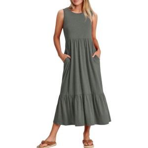 ANRABESS Women Summer Casual Sleeveless Crewneck Sundress Aline Flowy Tiered Maxi Long Beach Dress Vacation Outfits(Gray)