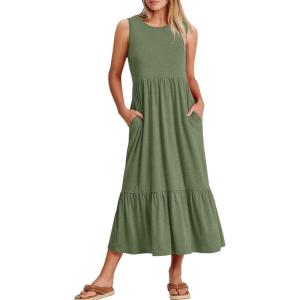 ANRABESS Women Summer Casual Sleeveless Crewneck Sundress Aline Flowy Tiered Maxi Long Beach Dress Vacation Outfits(Green)