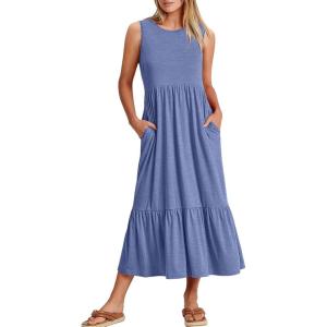 ANRABESS Women Summer Casual Sleeveless Crewneck Sundress Aline Flowy Tiered Maxi Long Beach Dress Vacation Outfits(Grey Blue)