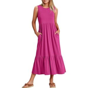 ANRABESS Women Summer Casual Sleeveless Crewneck Sundress Aline Flowy Tiered Maxi Long Beach Dress Vacation Outfits(Hot Pink)