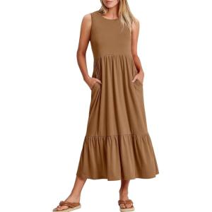 ANRABESS Women Summer Casual Sleeveless Crewneck Sundress Aline Flowy Tiered Maxi Long Beach Dress Vacation Outfits(Khaki)