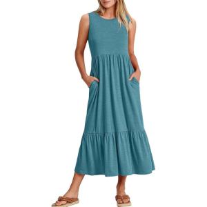 ANRABESS Women Summer Casual Sleeveless Crewneck Sundress Aline Flowy Tiered Maxi Long Beach Dress Vacation Outfits(Lake Blue)