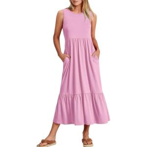 ANRABESS Women Summer Casual Sleeveless Crewneck Sundress Aline Flowy Tiered Maxi Long Beach Dress Vacation Outfits(Light Pink)